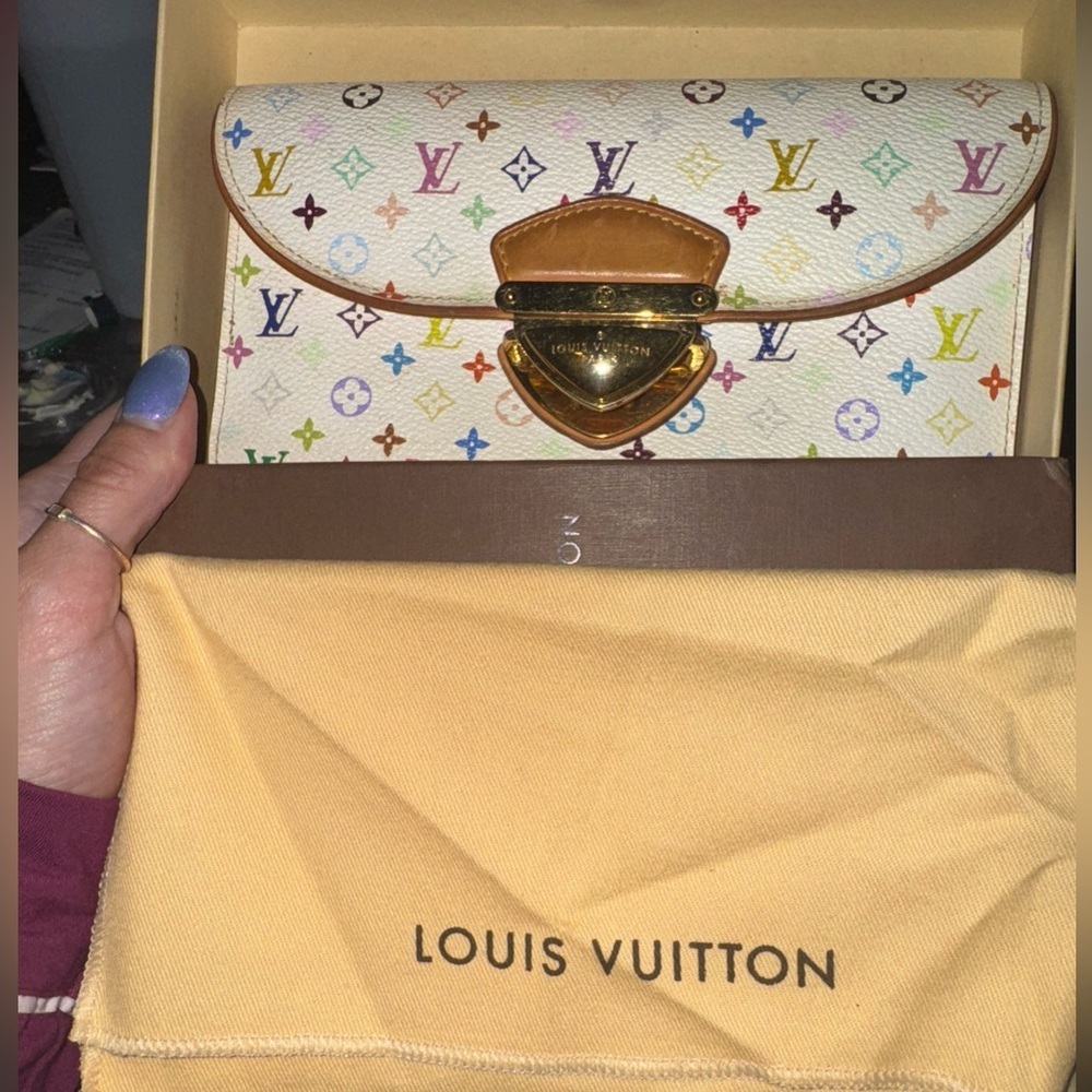 Louis Vuitton White Murakami Portefuille Eugenie Monogram Long Wallet Gold Pink